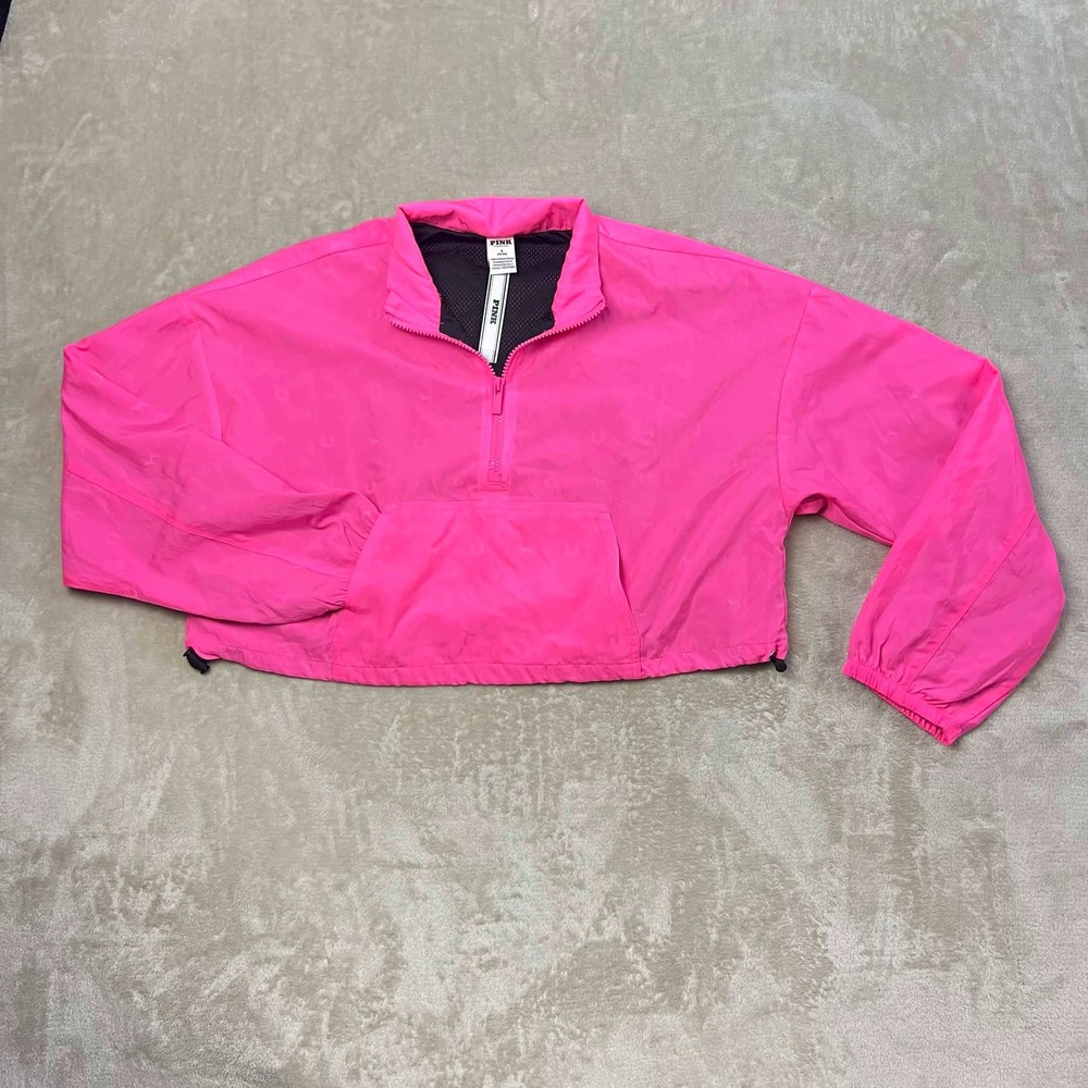 Victorias Secret PINK Neon Pink Cropped Windbreaker Quarter Zip Jacket Med NWT
